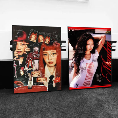 Two framed posters of k-pop singer jennie featuring red hair collage and white outfit with red border for wall decor