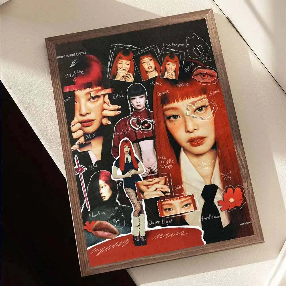 A framed retro poster collage of ruby jennie with red hair and fashion illustrations in a dark wood frame for wall decor