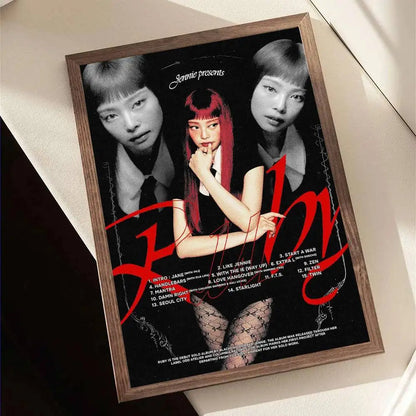 A framed black-and-white portrait poster of singer jennie with red hair and lace stockings showcasing blackpink fire album for wall decor