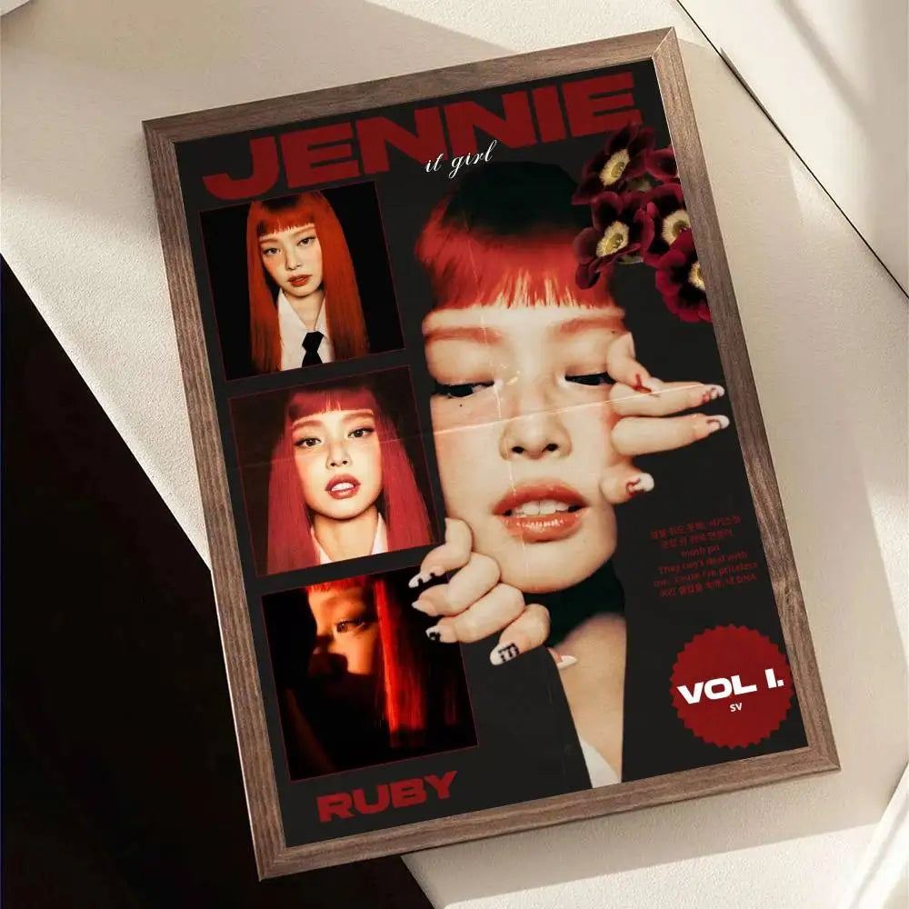 A framed retro poster of blackpink singer jennie with bold red text and multiple portraits on a dark background for wall decor