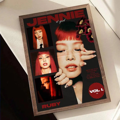 A framed retro poster of blackpink singer jennie with bold red text and multiple portraits on a dark background for wall decor