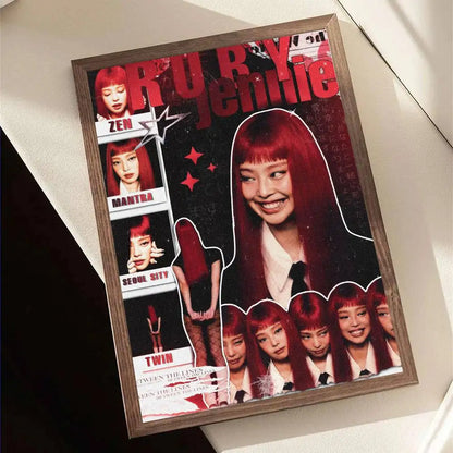 A framed poster of singer jennie featuring a collage of red-haired looks on a dark background for home decor