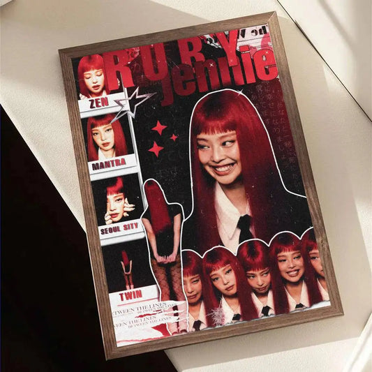A framed poster of singer jennie featuring a collage of red-haired looks on a dark background for home decor