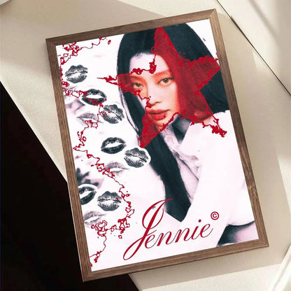 A framed portrait of singer Jennie with a red star and black lipstick prints on white background wall art decor