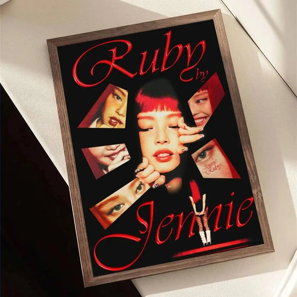 A framed retro poster featuring a stylized portrait of Jennie with red hair and ruby album text for wall decor