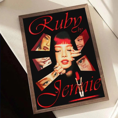 A framed retro poster featuring a stylized portrait of Jennie with red hair and ruby album text for wall decor