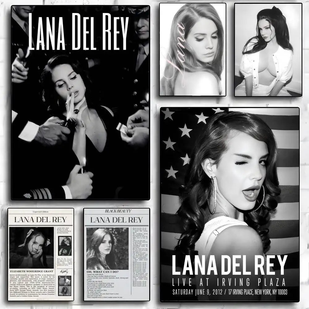 Black-and-white lana del rey poster collage featuring multiple poses in a modern graphic high quality print for wall decor