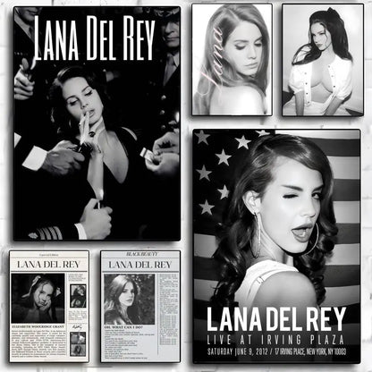 Black-and-white lana del rey poster collage featuring multiple poses in a modern graphic high quality print for wall decor
