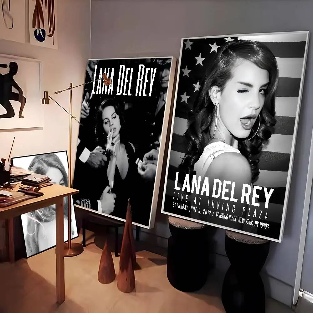 Black and white modern graphic lana del rey poster with american flag background high quality print for home decor