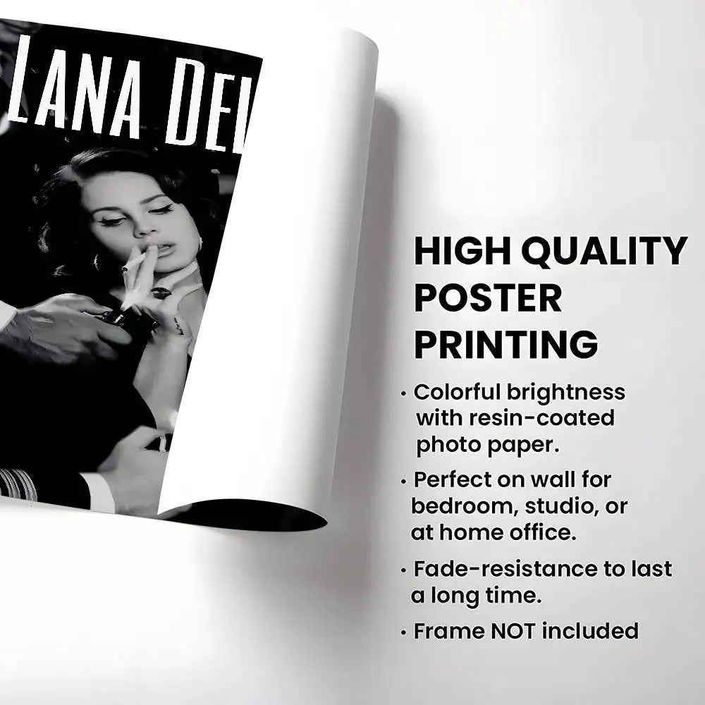 Black-and-white lana del rey poster printed on resin-coated photo paper featuring modern graphic for home decor