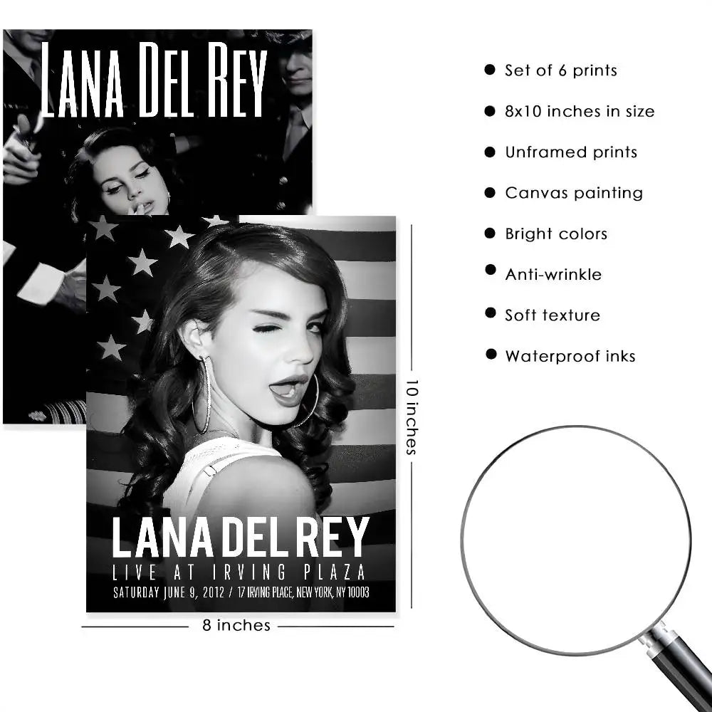 Set of six unframed 8x10 inch black and white lana del rey canvas prints modern graphic home decor wall art mural