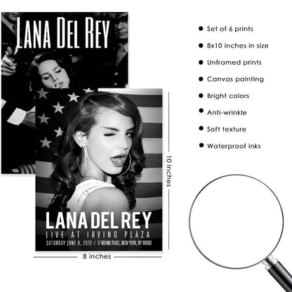Set of six unframed 8x10 inch black and white lana del rey canvas prints modern graphic home decor wall art mural