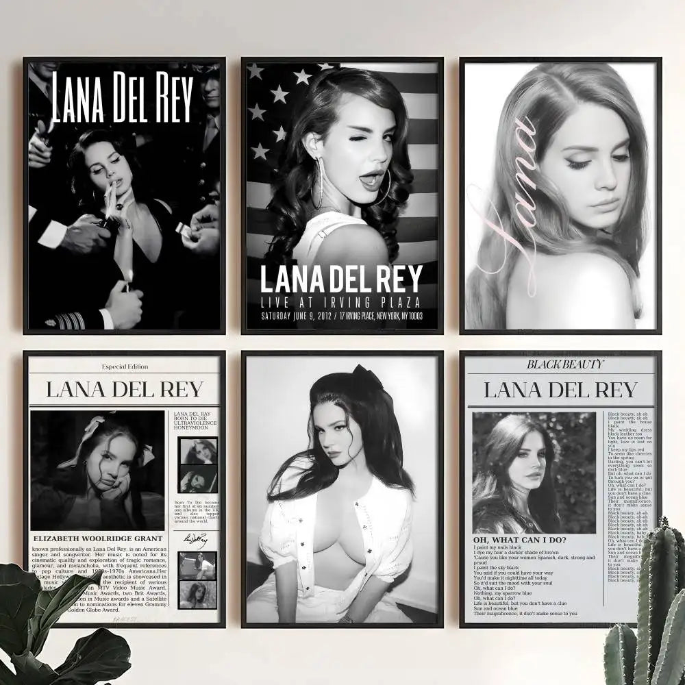 Set of six black and white lana del rey poster prints in matching frames featuring modern graphic design for home decor