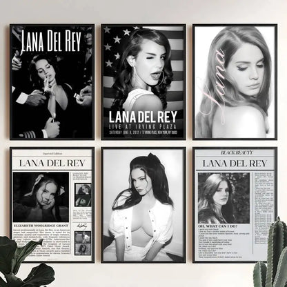 Set of six black and white lana del rey poster prints in matching frames featuring modern graphic design for home decor