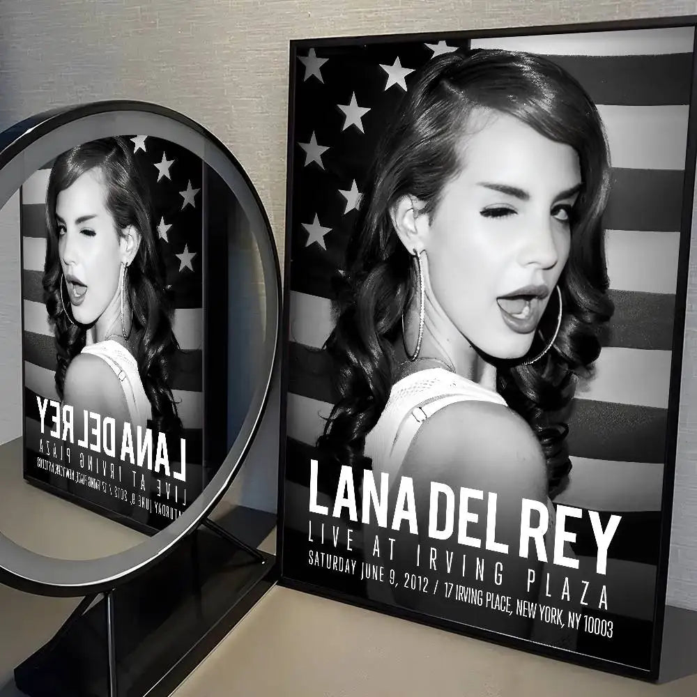 Black-framed modern graphic black and white lana del rey poster with star-spangled background for home decor
