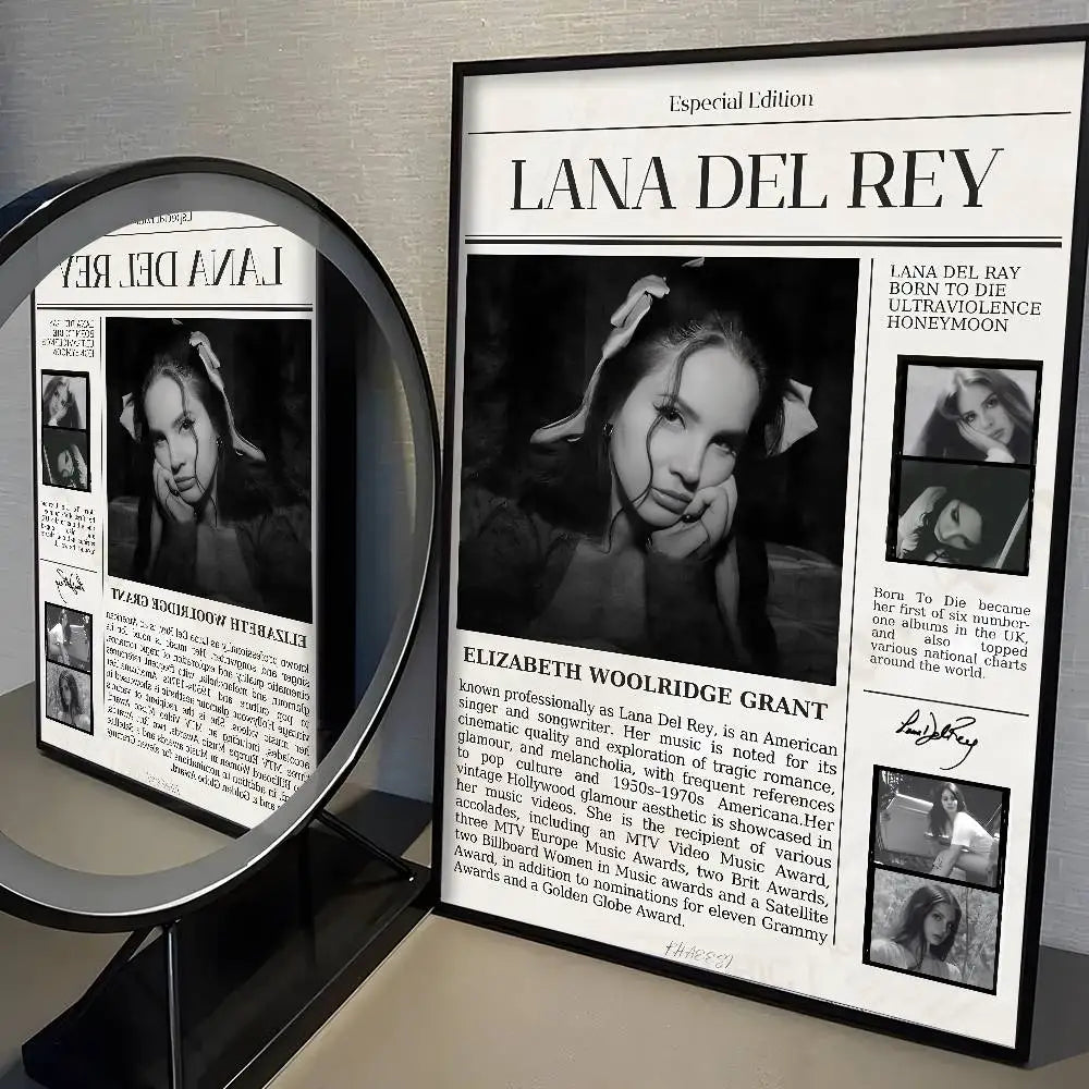 Black and white framed lana del rey poster with vintage typography glossy finish modern graphic high quality print wall art