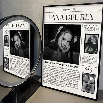Black and white framed lana del rey poster with vintage typography glossy finish modern graphic high quality print wall art