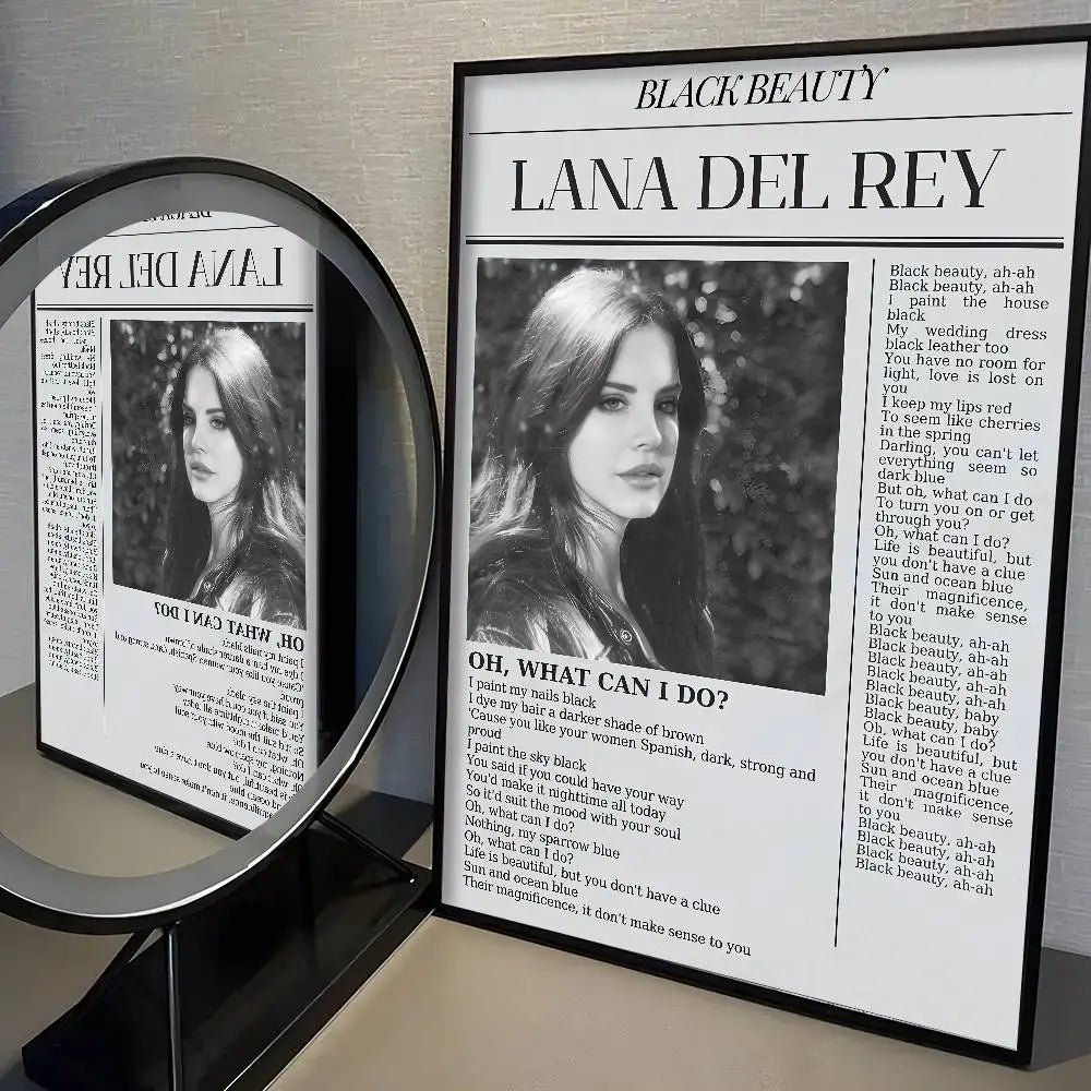 Black and white framed lana del rey poster with song lyrics in a modern graphic newspaper style print for home decor