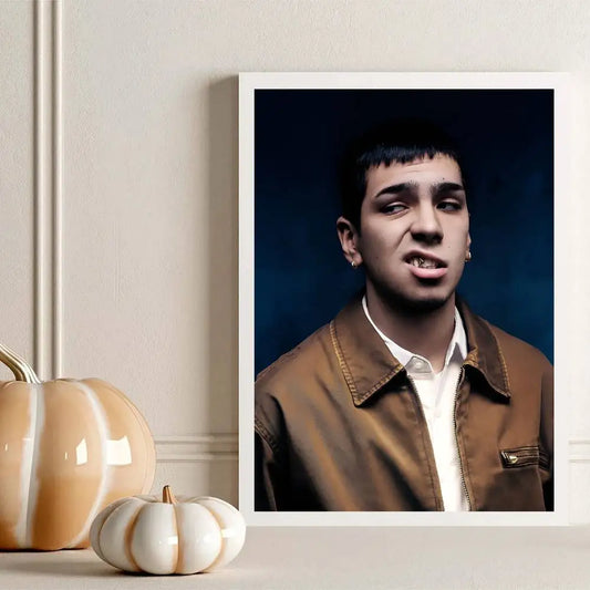 White-framed singer m-milo j portrait poster mural with brown jacket for office wall decor and wall decor gift