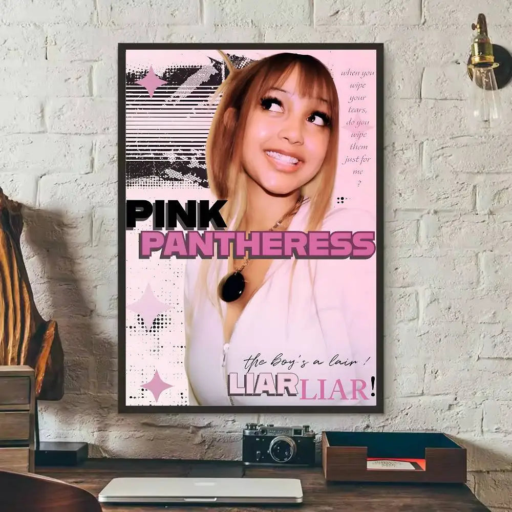 Pink pantheress album poster with bold black and pink text starburst graphics featuring modern graphic for living room decor