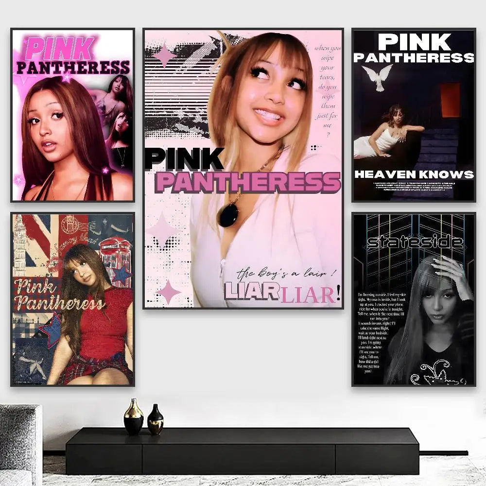 Modern graphic pink pantheress album poster with white portrait pink text black and white designs for living room decor