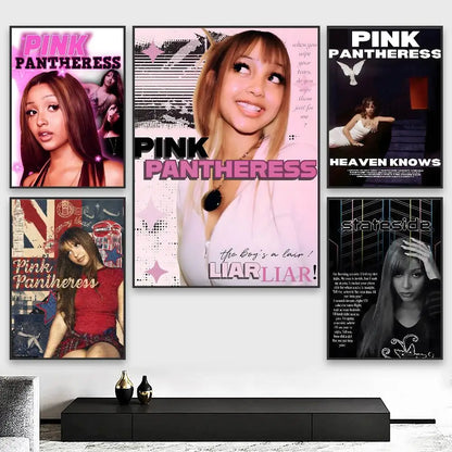 Modern graphic pink pantheress album poster with white portrait pink text black and white designs for living room decor
