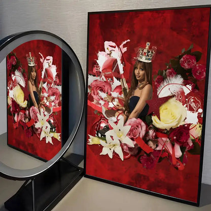 A framed modern graphic poster of singer Pink P-Pantheress with vibrant roses for living room decoration