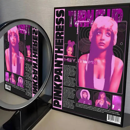 Pink pantheress album poster featuring vibrant purple and black modern graphic design for living room decor