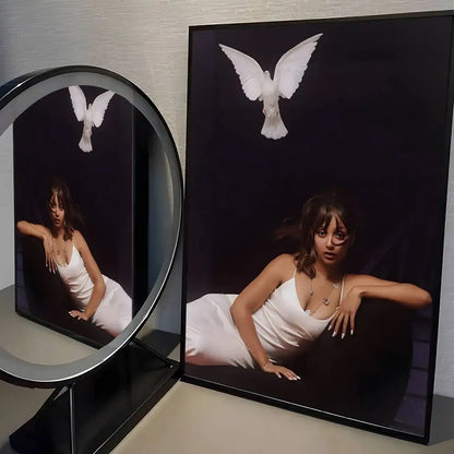 A framed singer pink p-pantheress album poster featuring a woman in a white satin dress and dove for modern living room decor