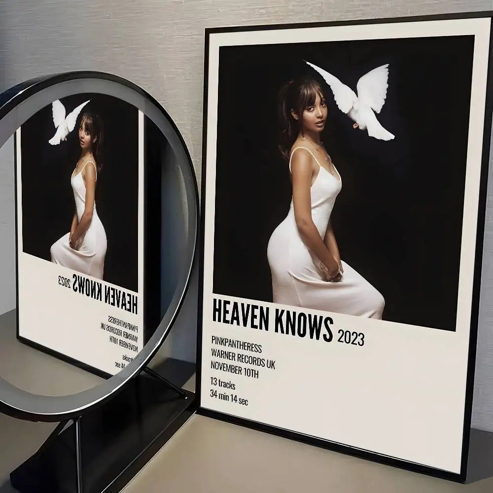 Black-framed modern graphic poster of pinkpantheress in white dress with doves for living room album decor