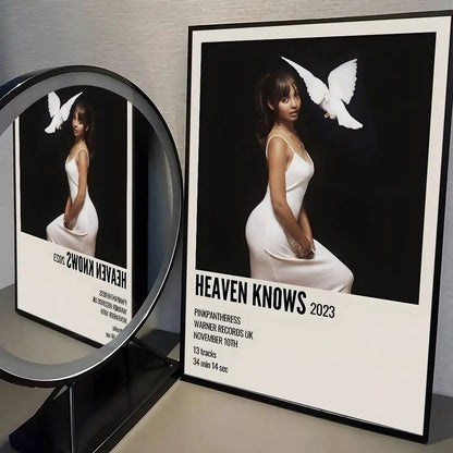 Black-framed modern graphic poster of pinkpantheress in white dress with doves for living room album decor