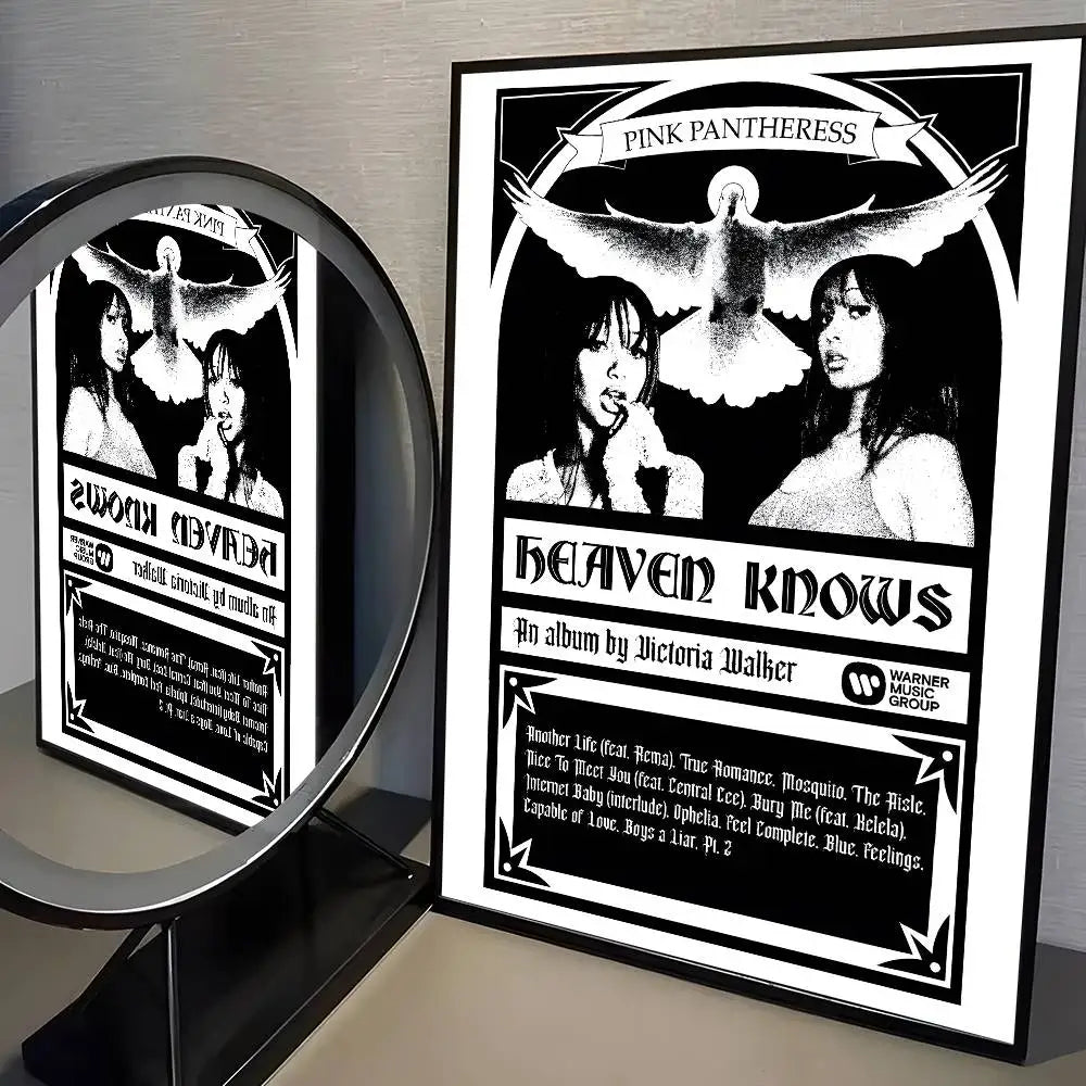 Black and white framed modern graphic album poster of victoria walker featuring two women and a dove for living room decor