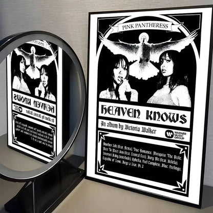 Black and white framed modern graphic album poster of victoria walker featuring two women and a dove for living room decor