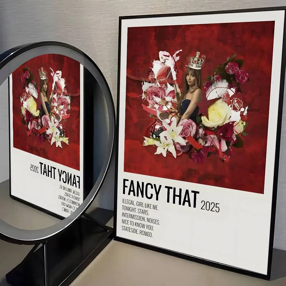 Framed singer pink p-pantheress album poster featuring a modern graphic woman in blue with red flowers for living room decor