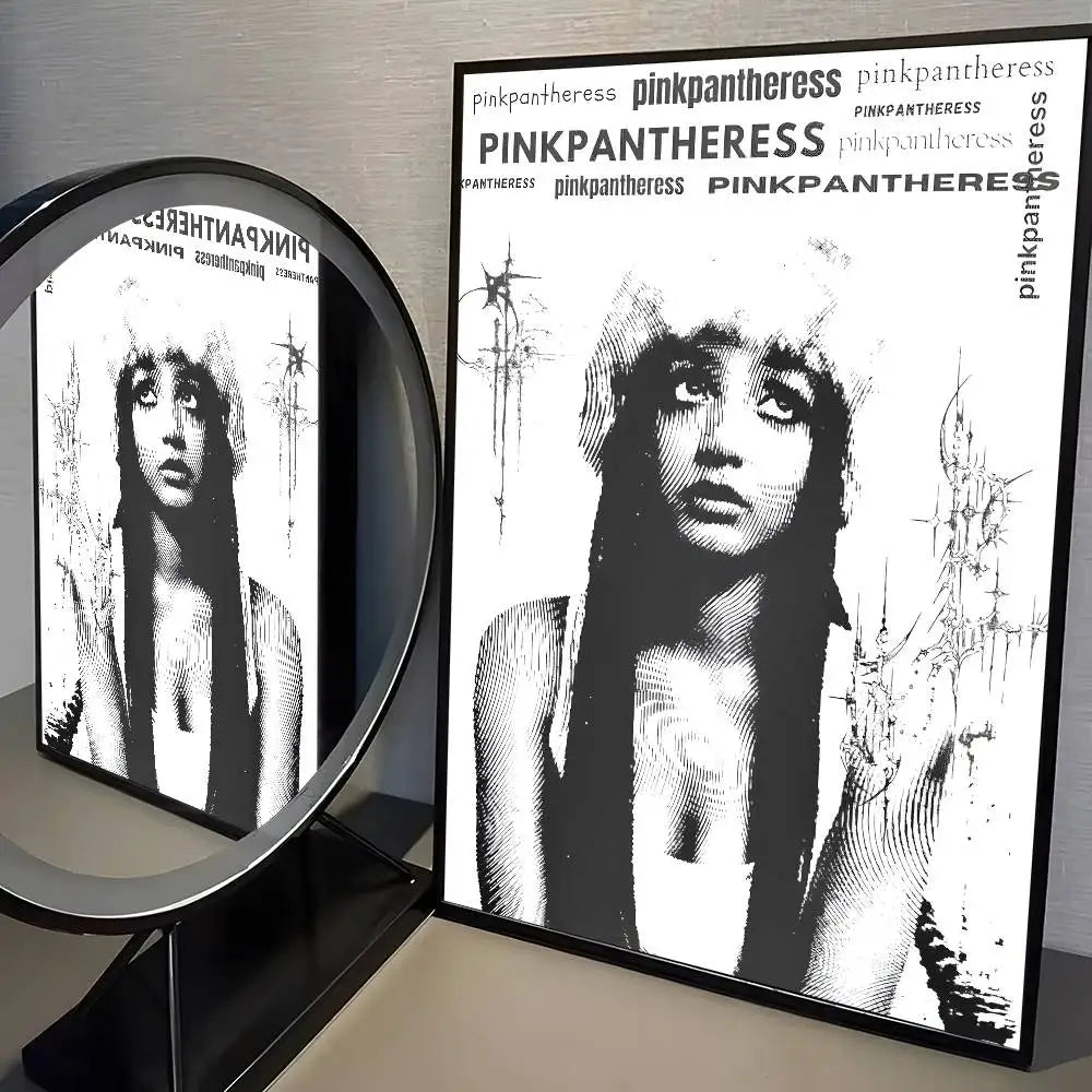 Black-framed modern graphic poster of pinkpantheress with black and white illustration for living room decor