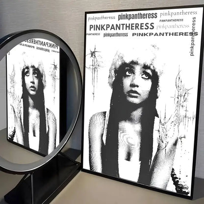 Black-framed modern graphic poster of pinkpantheress with black and white illustration for living room decor