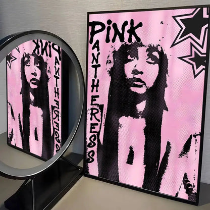 Pink pantheress album poster with black star and bold lettering on textured pink background for modern living room decor