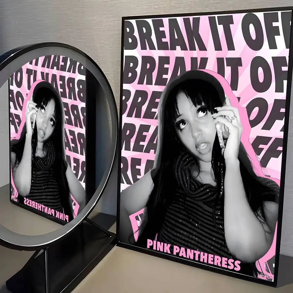 A framed modern graphic poster of p-pantheress in black and white with pink background for living room decor