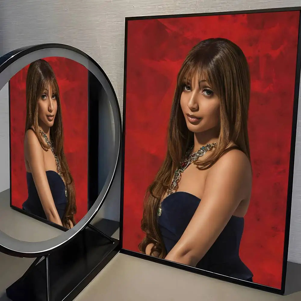 Framed singer pink p-pantheress album poster featuring a woman in a navy blue dress on vibrant red background for modern graphic living room decor