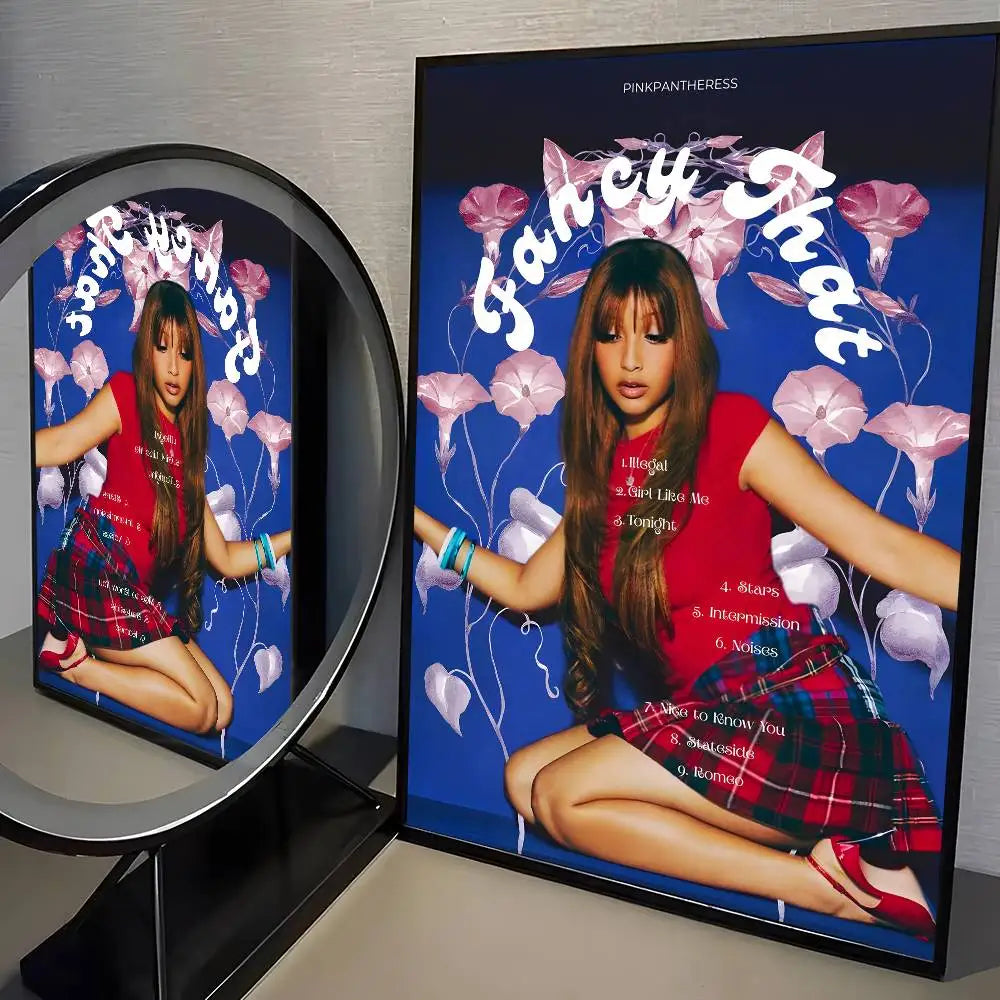 A framed modern graphic poster of pinkpantheress in red and plaid for living room aesthetic decoration