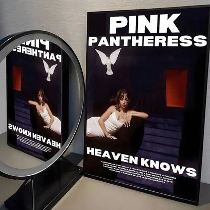 Black-framed modern graphic poster of pink pantheress album featuring a woman in white dress for living room decor