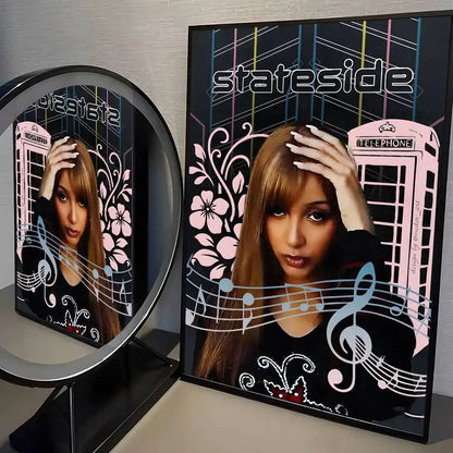 Framed singer pink p-pantheress album poster with modern graphic pink floral and telephone booth design for living room