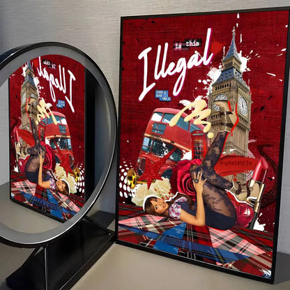 Red and black framed singer pink p-pantheress album poster featuring london landmarks for modern graphic living room decor