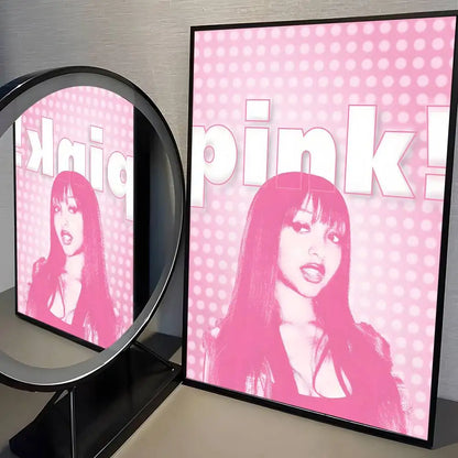 A framed pop art poster of singer pink pantheress with vibrant pink hair for modern graphic living room decor