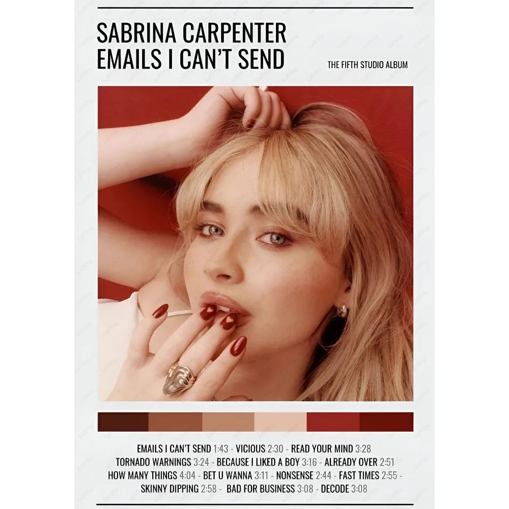 Singer Sabrina Carpenter portrait poster sticky wall art with modern graphic design in bold red for bedroom decor