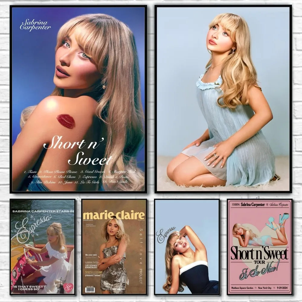 A collection of six modern graphic framed posters of singer sabrina carpenter from the short n sweet tour for wall decor