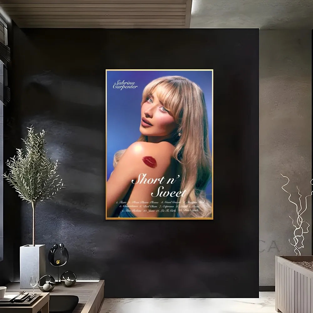 A modern graphic framed poster of singer Sabrina Carpenter with blonde hair and red lip print for home decor