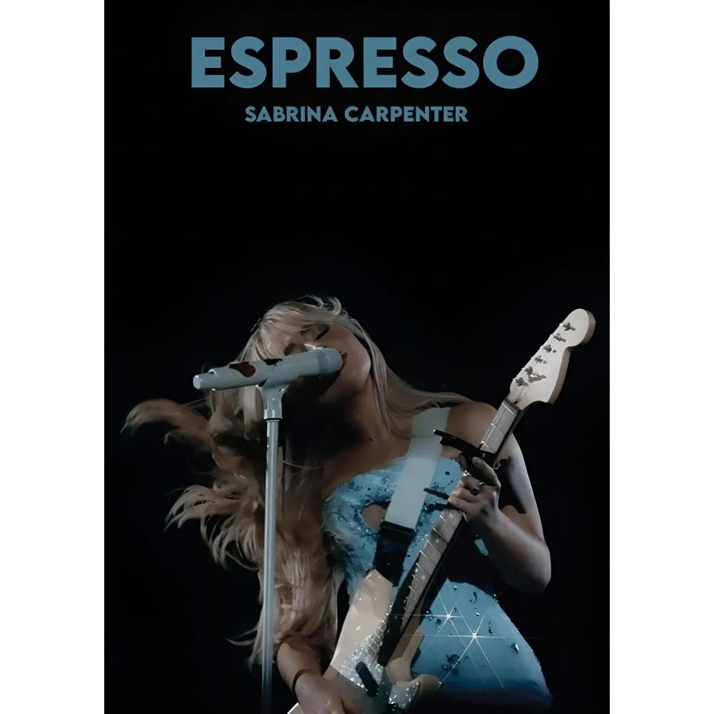 Sabrina Carpenter portrait poster sticky wall art featuring a modern graphic of her in a light blue dress with guitar