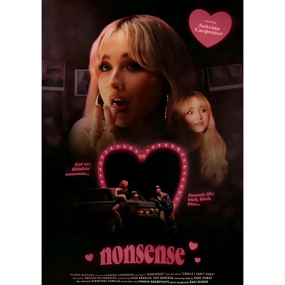 Pink neon-lit heart-shaped modern graphic poster of singer sabrina carpenter for waterproof home wall art decor