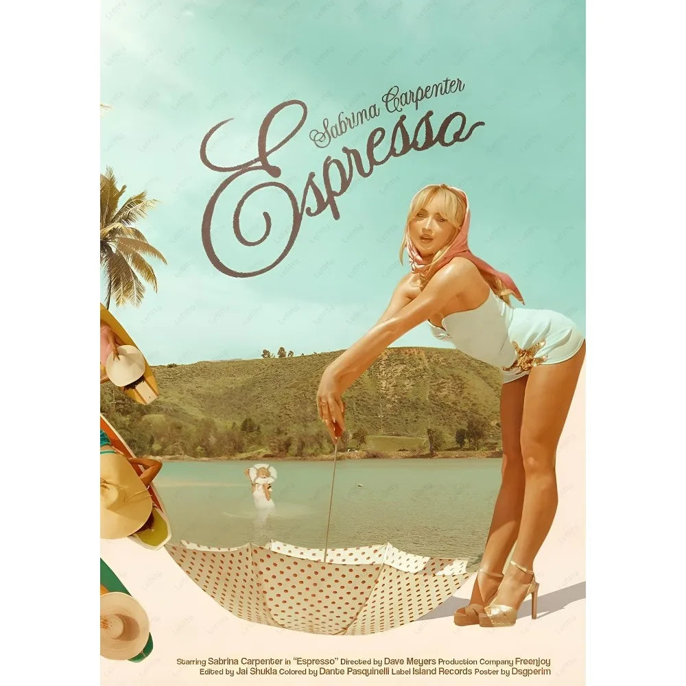 Vintage-style singer Sabrina Carpenter portrait poster in white swimsuit with pink scarf and polka dot umbrella modern graphic